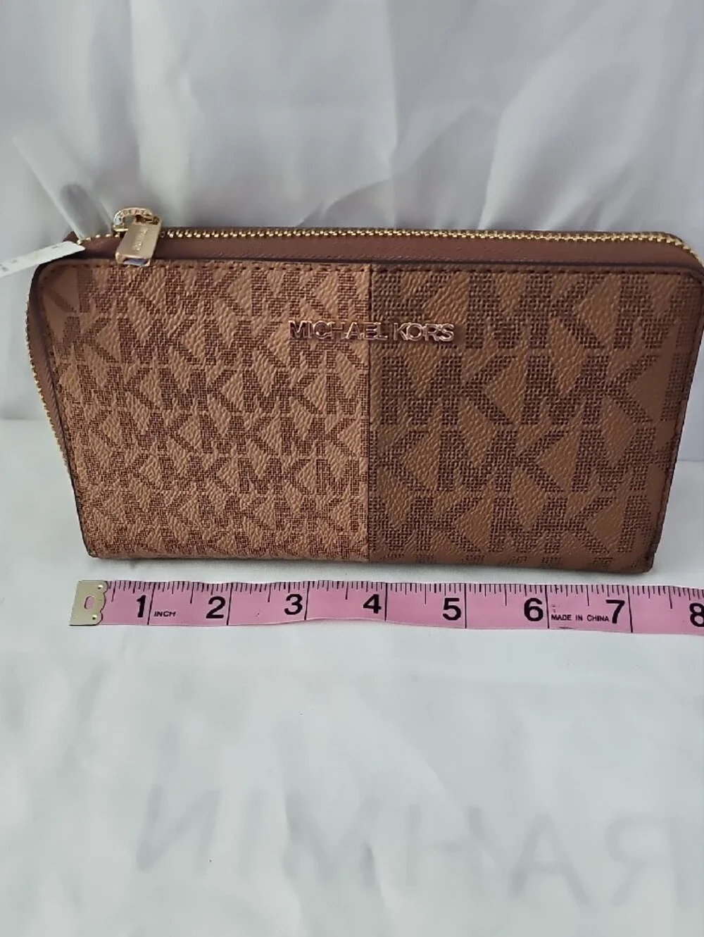 Michael Kors Brown MK Monogram Zip Wallet with Gold Hardware